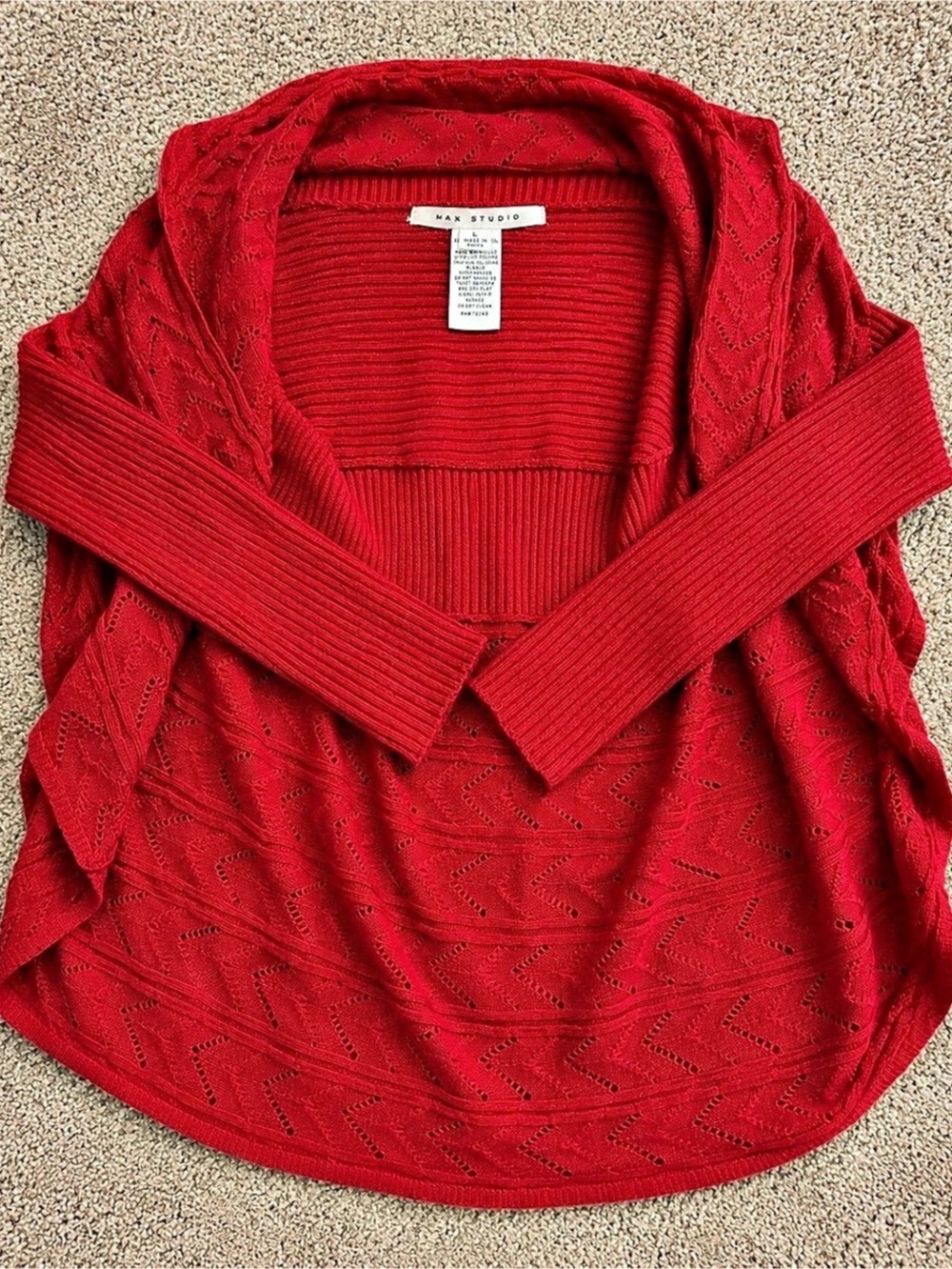 Max Studio Red Open Front Knit Cocoon Sweater